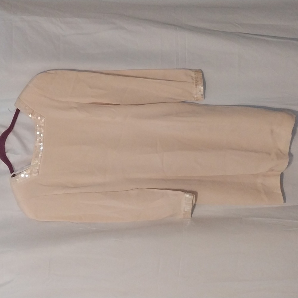 Dress by HONEYBEE beige long sleeve square neck low cut X back with sequins Sz 8